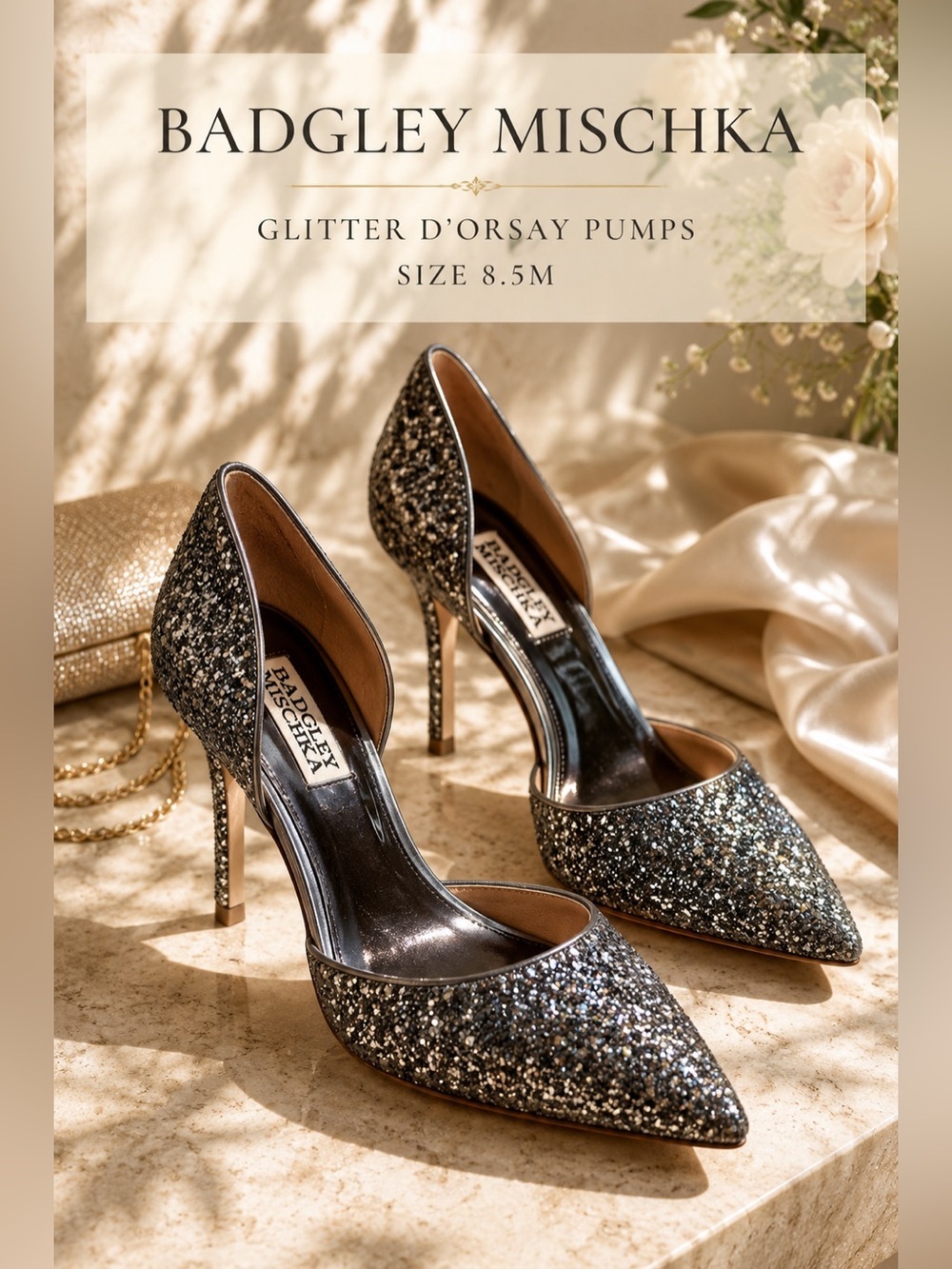 Badgley Mischka Glitter D’Orsay Pumps Gunmetal Silver Size 8.5M NWOB